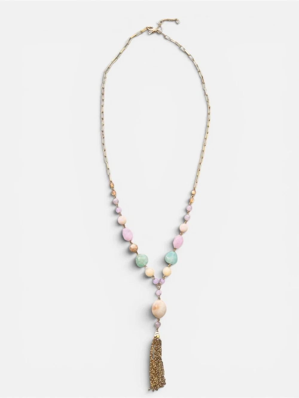 Long Gold Tassel Drop Necklace with Pink, Mint & Cream Beads